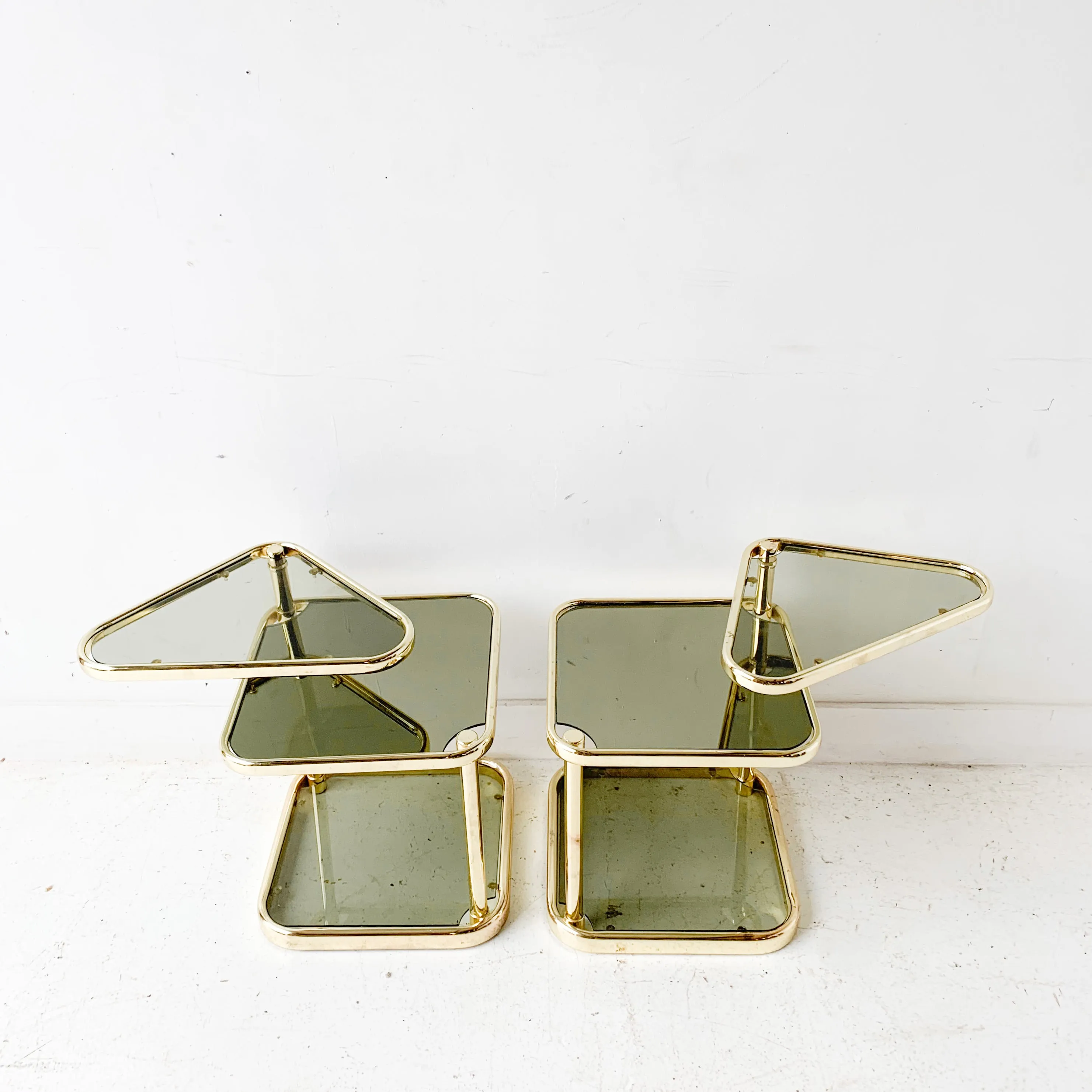 Pair of Vintage Glass and Brass End Tables with Swivel Tops