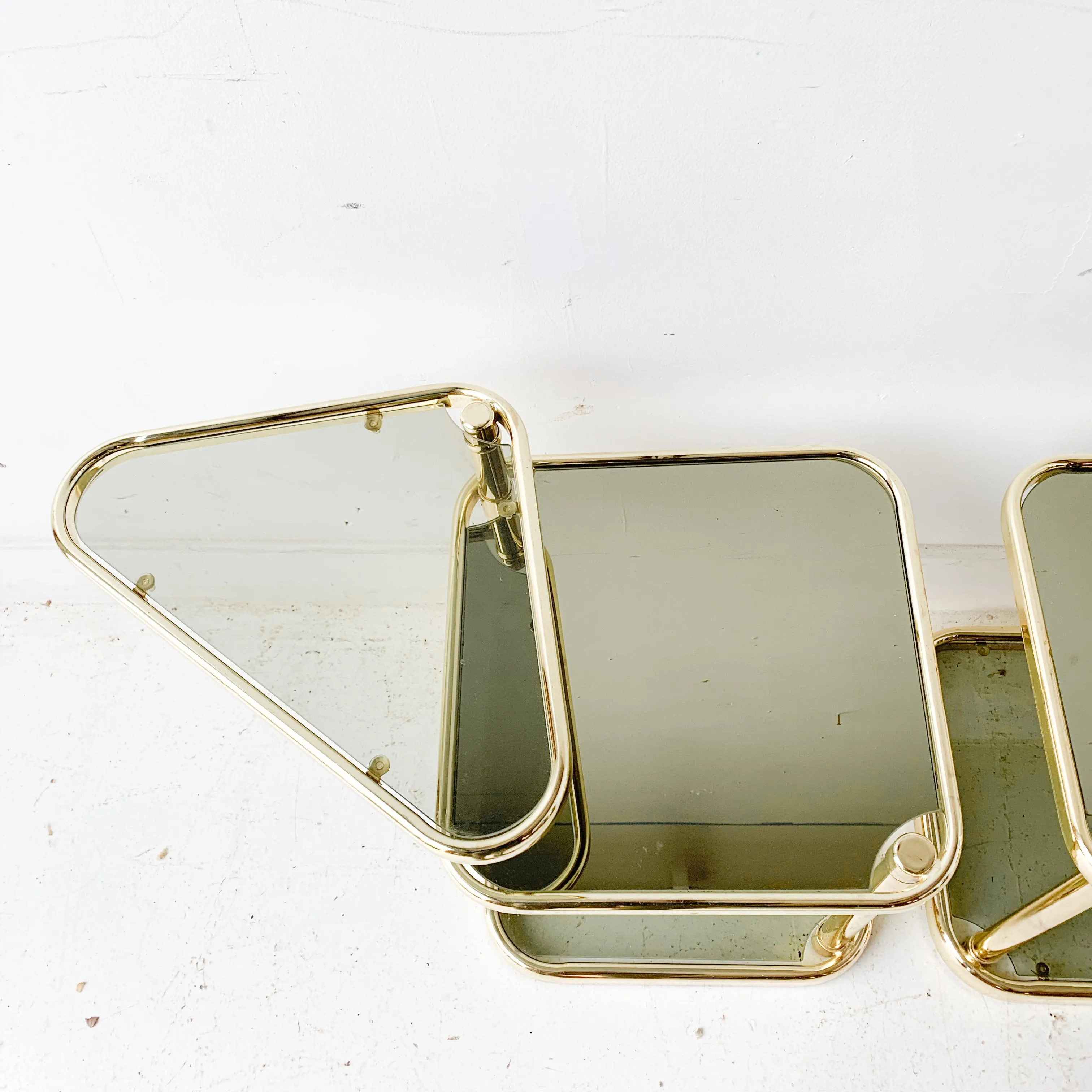 Pair of Vintage Glass and Brass End Tables with Swivel Tops