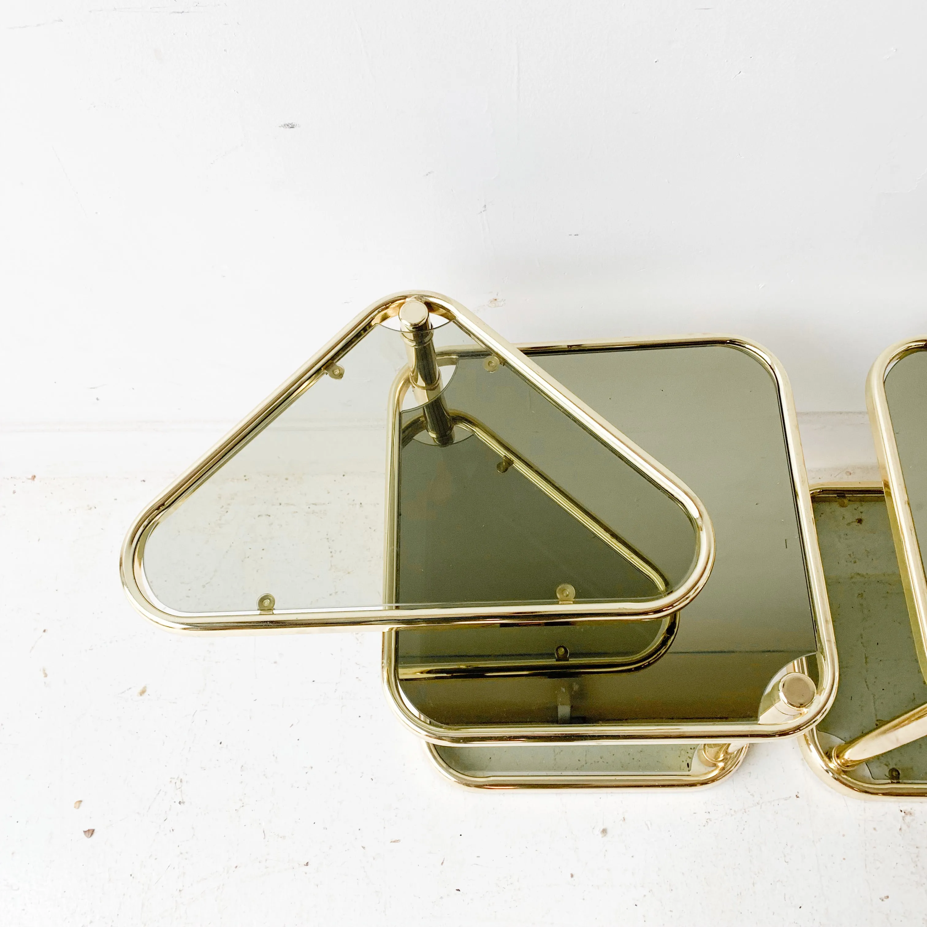 Pair of Vintage Glass and Brass End Tables with Swivel Tops