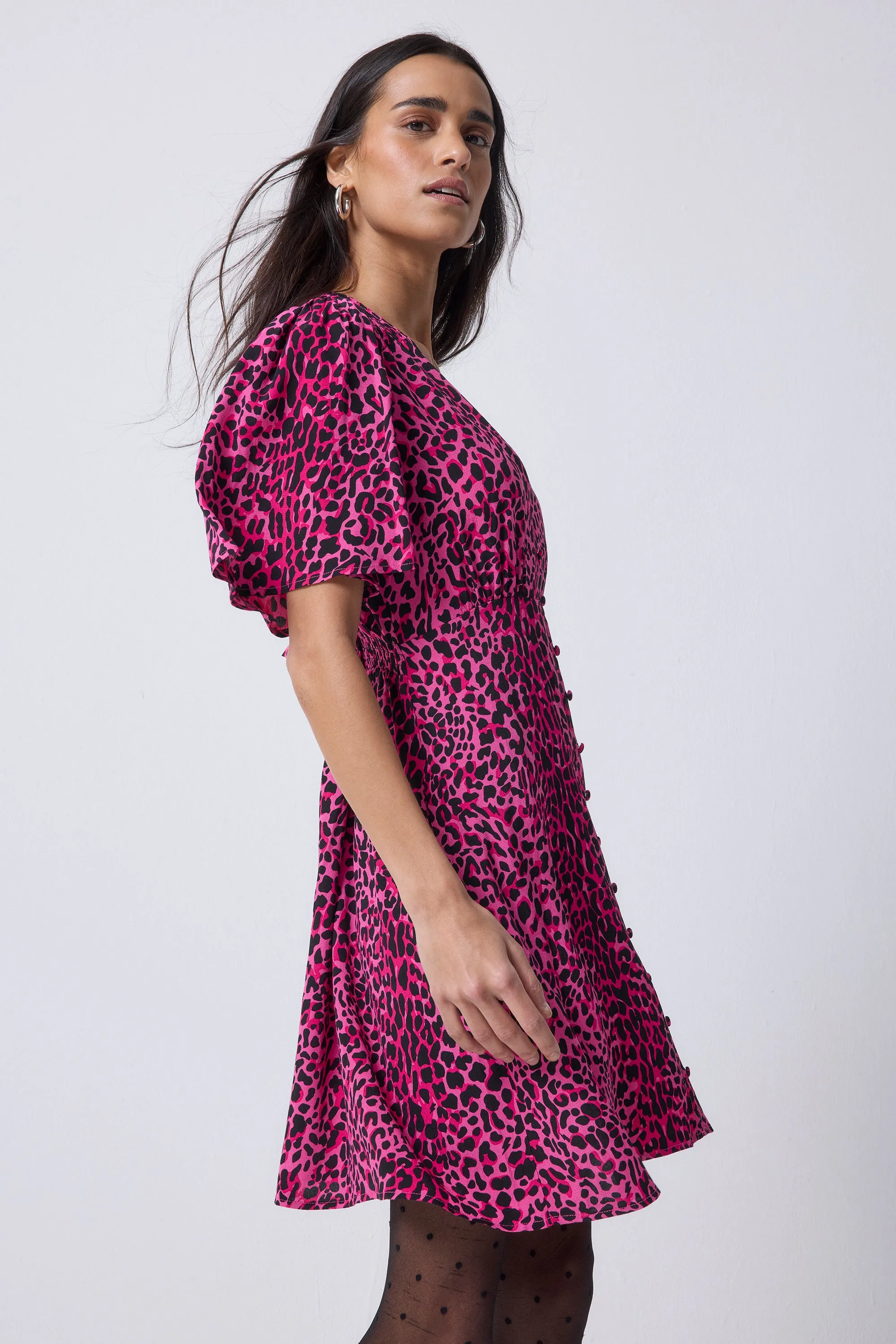 Pink with Black Leopard Angel Sleeve Short Tea Dress