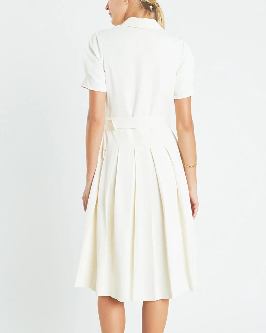 Pleated Collared Midi Dress - Cream