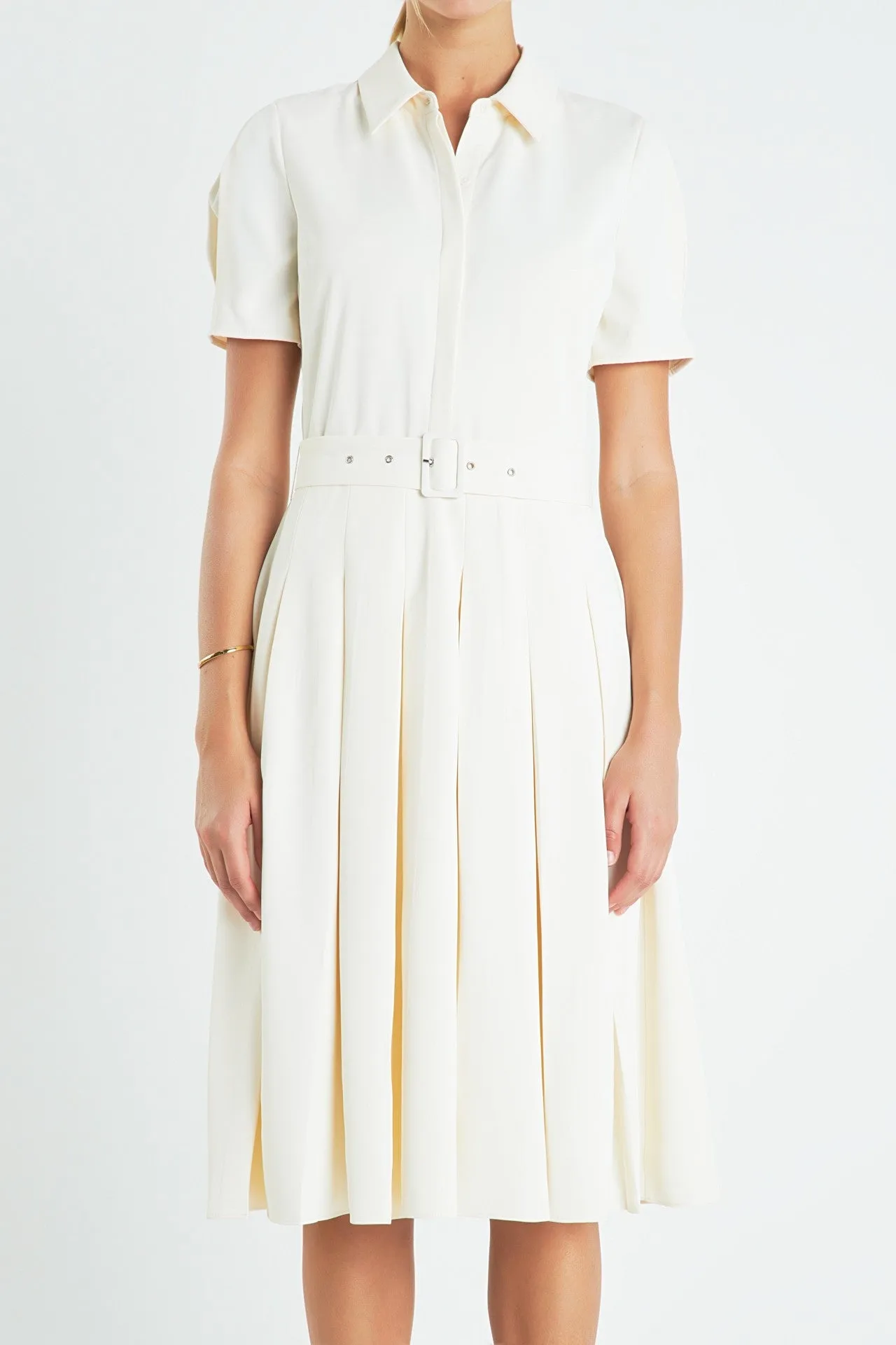 Pleated Collared Midi Dress - Cream