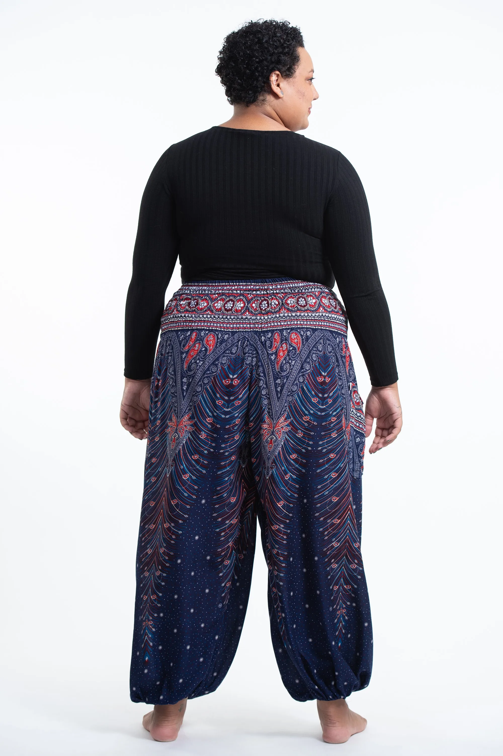 Plus Size Peacock Feathers Women's Harem Pants in Blue