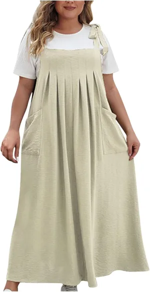 Plus Size Womens Bib Overall Jumper Dress Loose Linen Adjustable Straps Suspender Pinafore Maxi Dress with Pocket