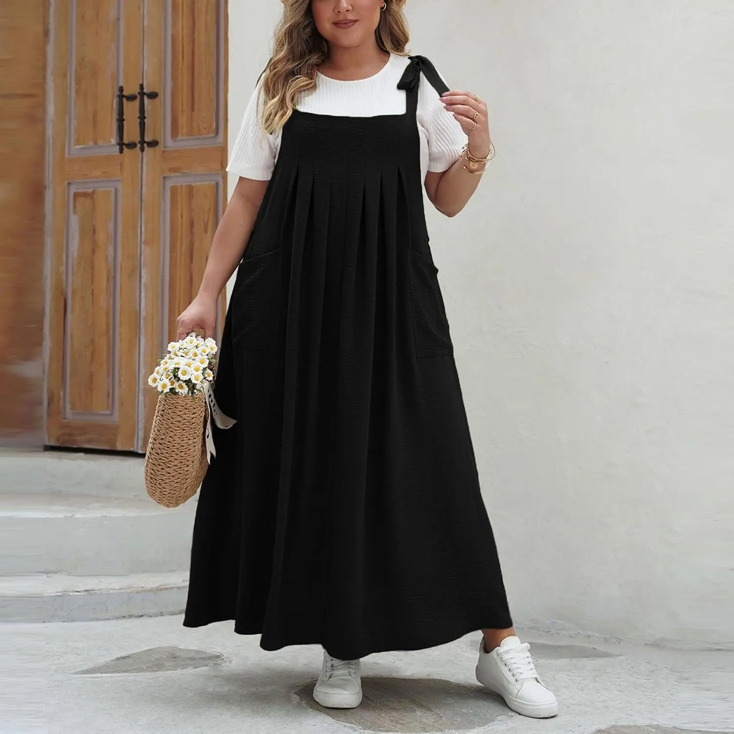 Plus Size Womens Bib Overall Jumper Dress Loose Linen Adjustable Straps Suspender Pinafore Maxi Dress with Pocket