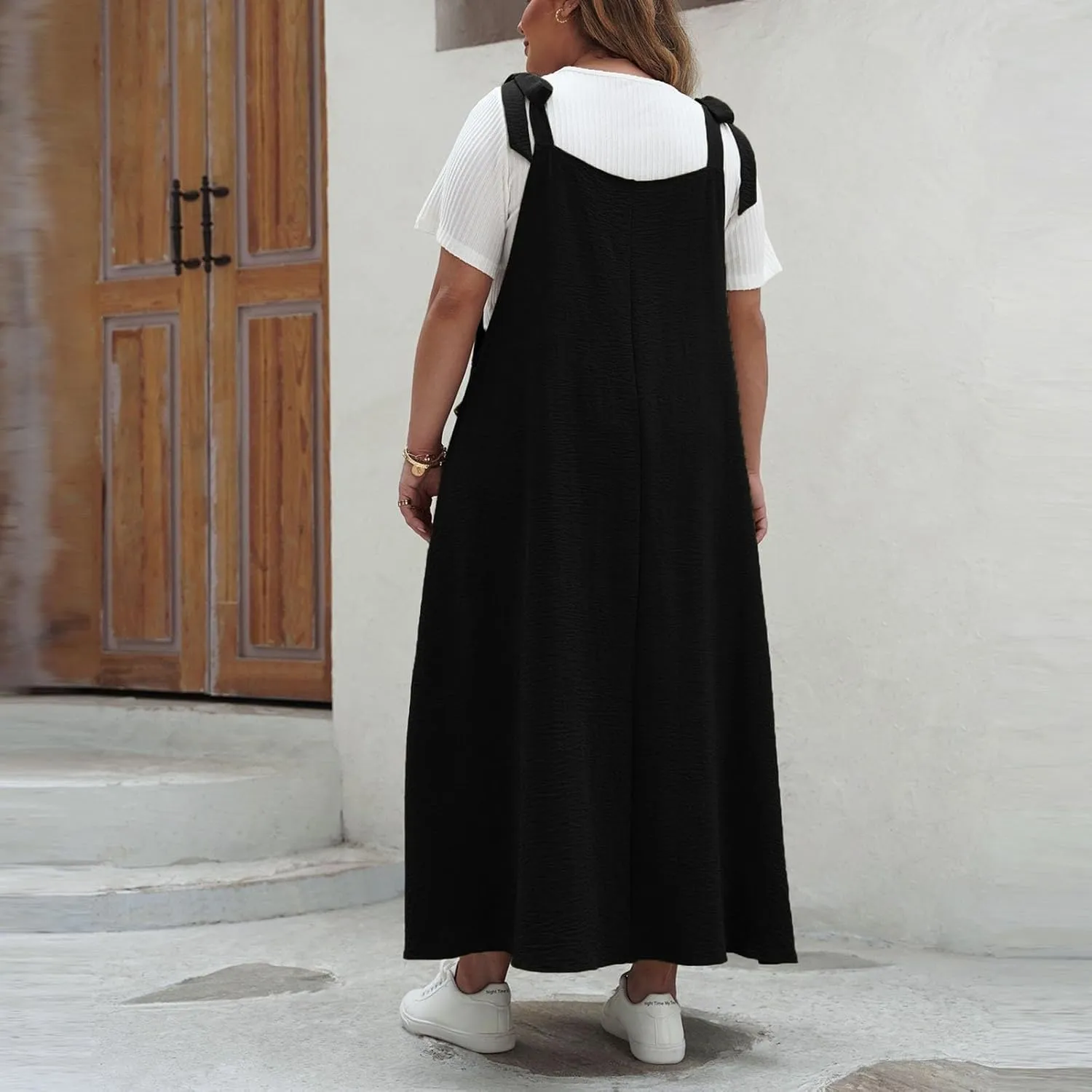 Plus Size Womens Bib Overall Jumper Dress Loose Linen Adjustable Straps Suspender Pinafore Maxi Dress with Pocket