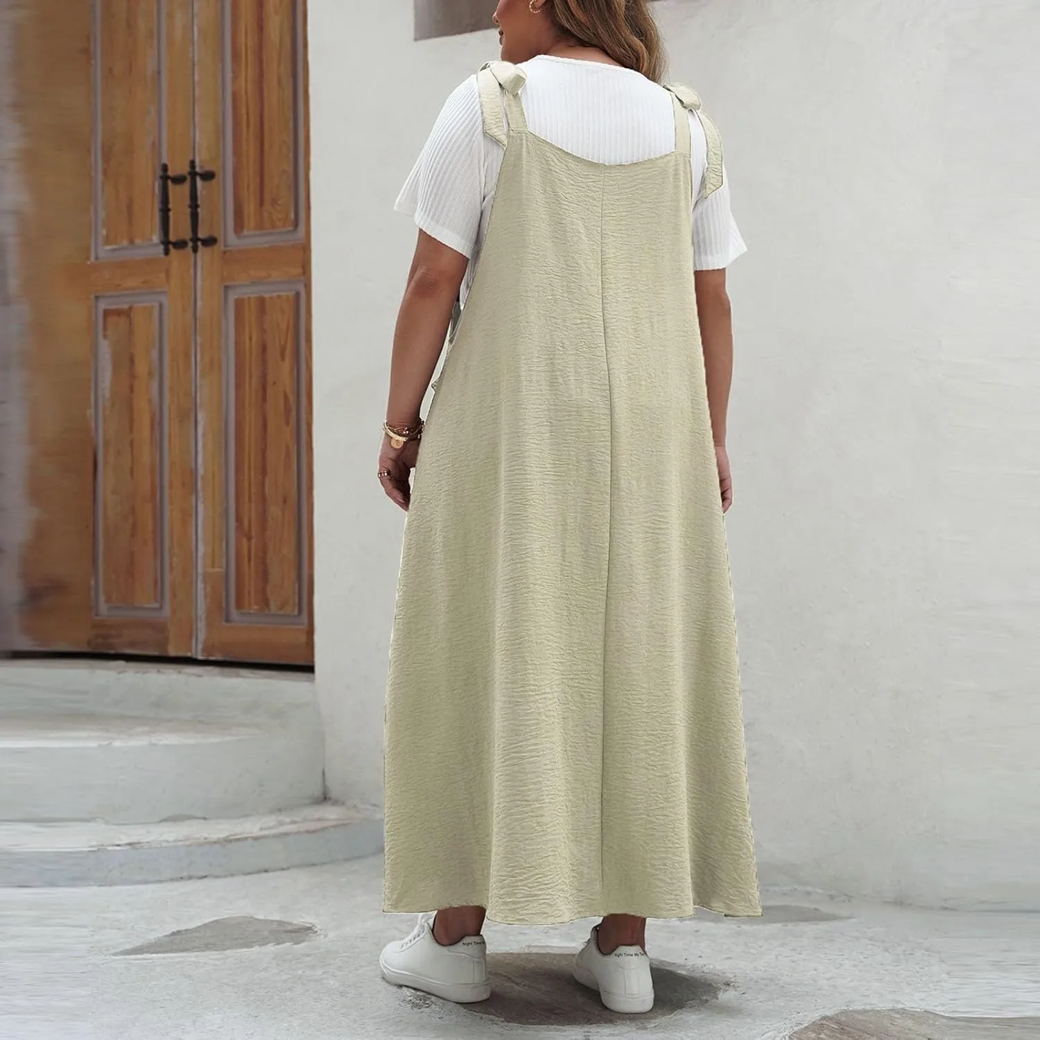 Plus Size Womens Bib Overall Jumper Dress Loose Linen Adjustable Straps Suspender Pinafore Maxi Dress with Pocket