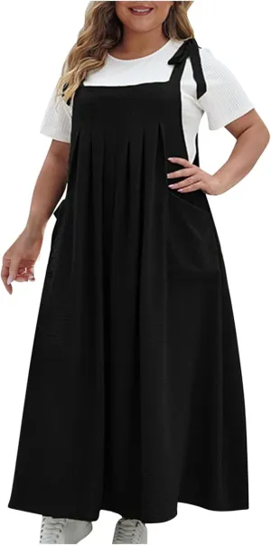 Plus Size Womens Bib Overall Jumper Dress Loose Linen Adjustable Straps Suspender Pinafore Maxi Dress with Pocket