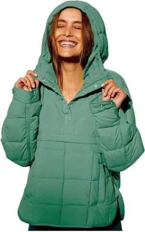 Pullover Puffer Jacket for Women Long Sleeve Oversized Quilted Jackets Solid Color Hooded Sweatshirt Fall Comfy Outwear