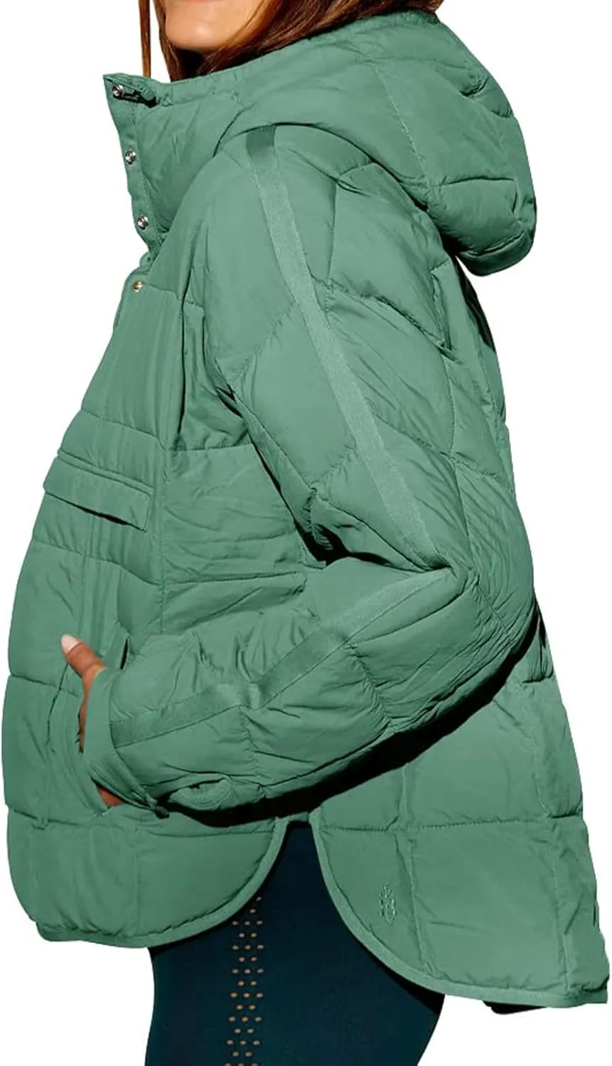 Pullover Puffer Jacket for Women Long Sleeve Oversized Quilted Jackets Solid Color Hooded Sweatshirt Fall Comfy Outwear