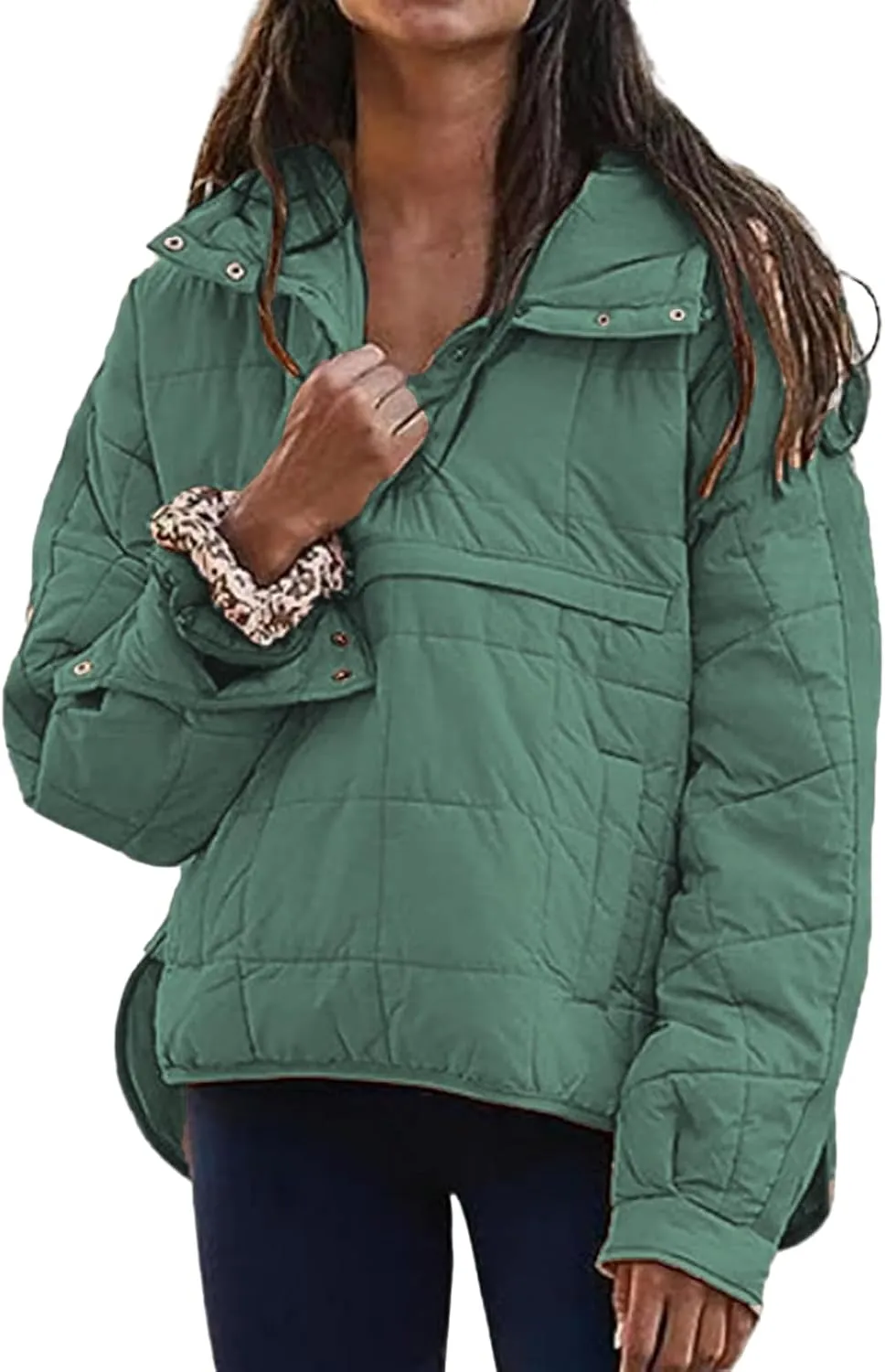 Pullover Puffer Jacket for Women Long Sleeve Oversized Quilted Jackets Solid Color Hooded Sweatshirt Fall Comfy Outwear