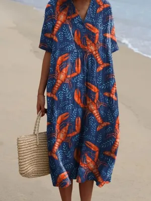 Red Lobster Repeat Pattern Printed Women's Flowy Dress