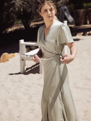 Reset By Jane Emerson Satin Surplice Wrap Maxi Dress - Sage