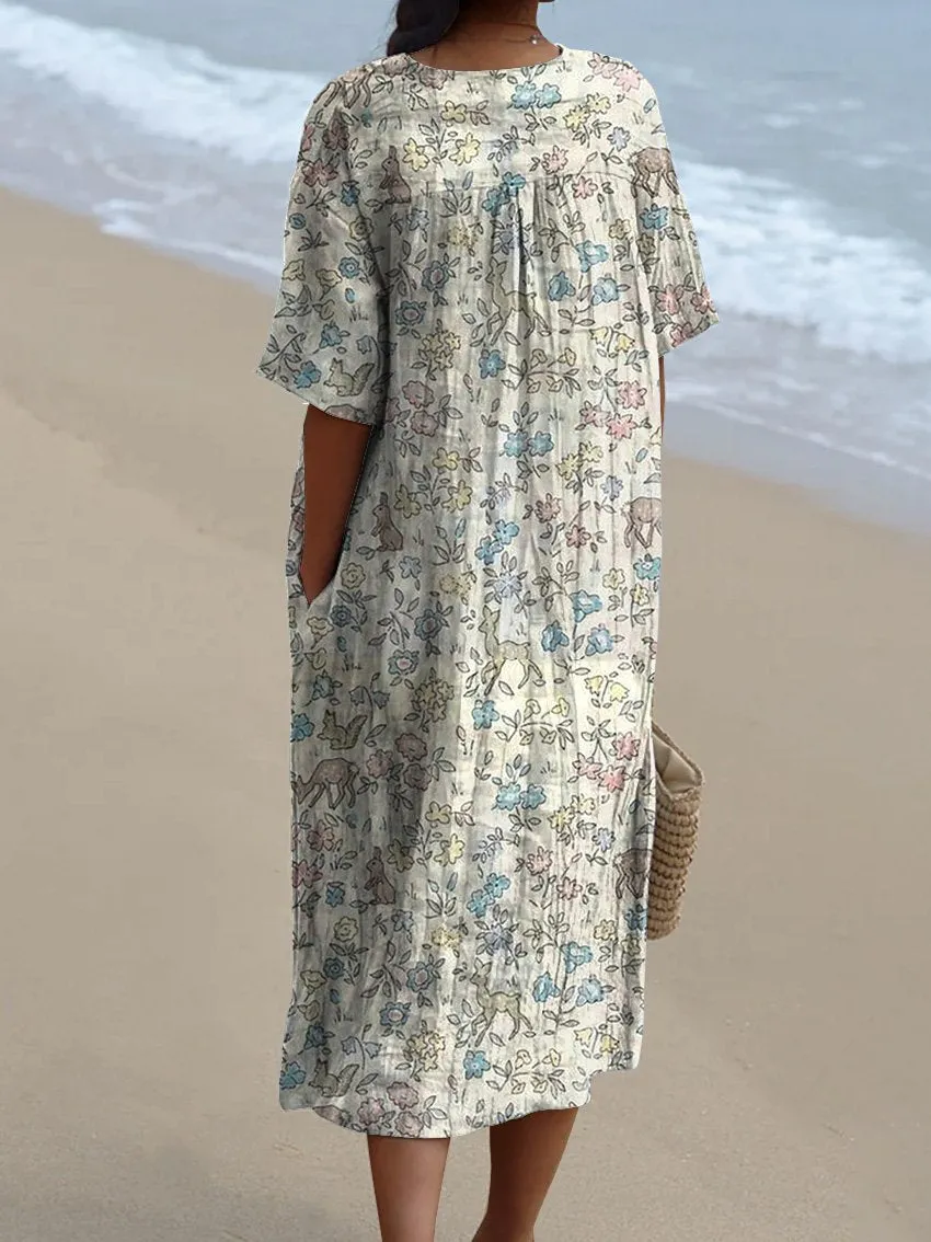 Retro Style Sweet Woodland Pattern Printed Women's Flowy Dress