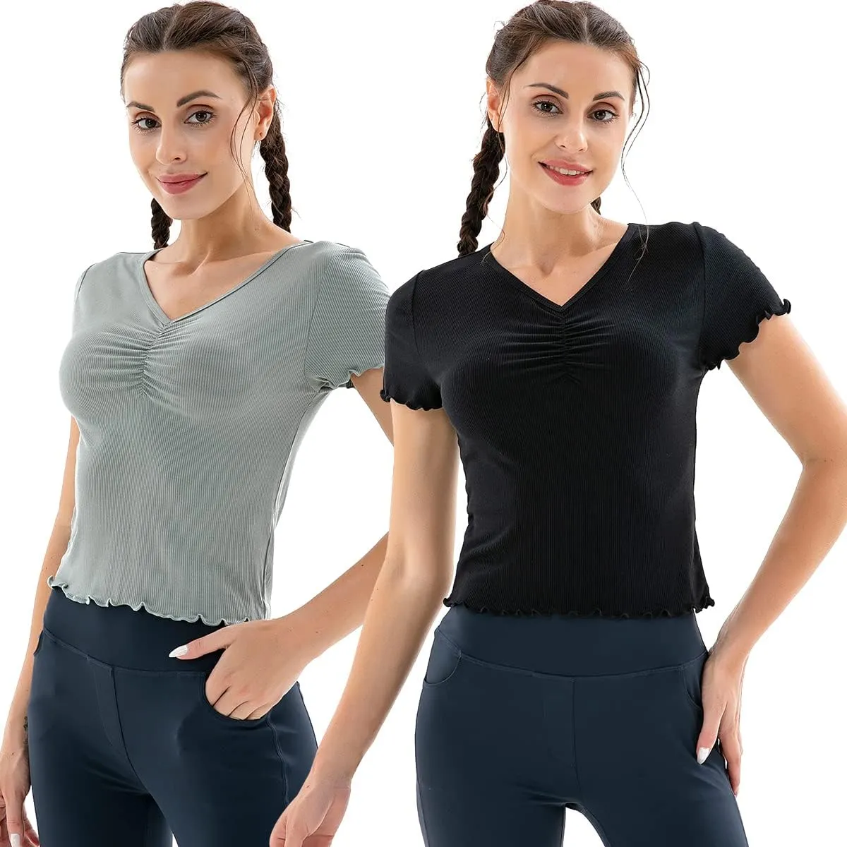 SANQIANG 2 Pack Short Sleeve T Shirts for Women Cotton Slim-Fit Tops V Neck Soft Casual Undershirt