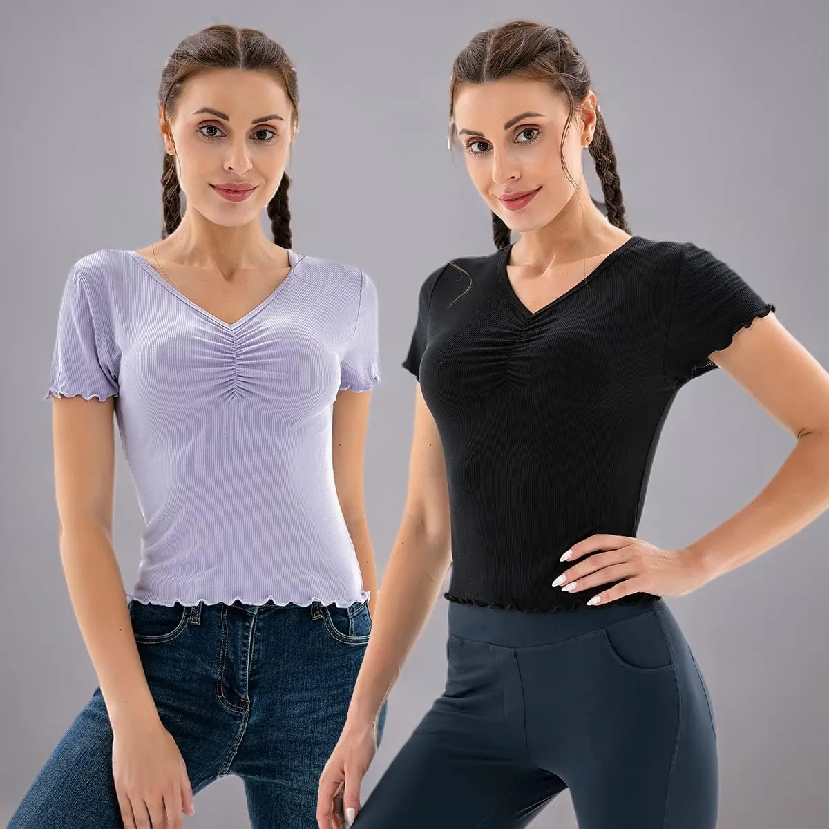 SANQIANG 2 Pack Short Sleeve T Shirts for Women Cotton Slim-Fit Tops V Neck Soft Casual Undershirt