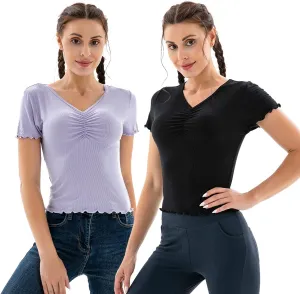 SANQIANG 2 Pack Short Sleeve T Shirts for Women Cotton Slim-Fit Tops V Neck Soft Casual Undershirt