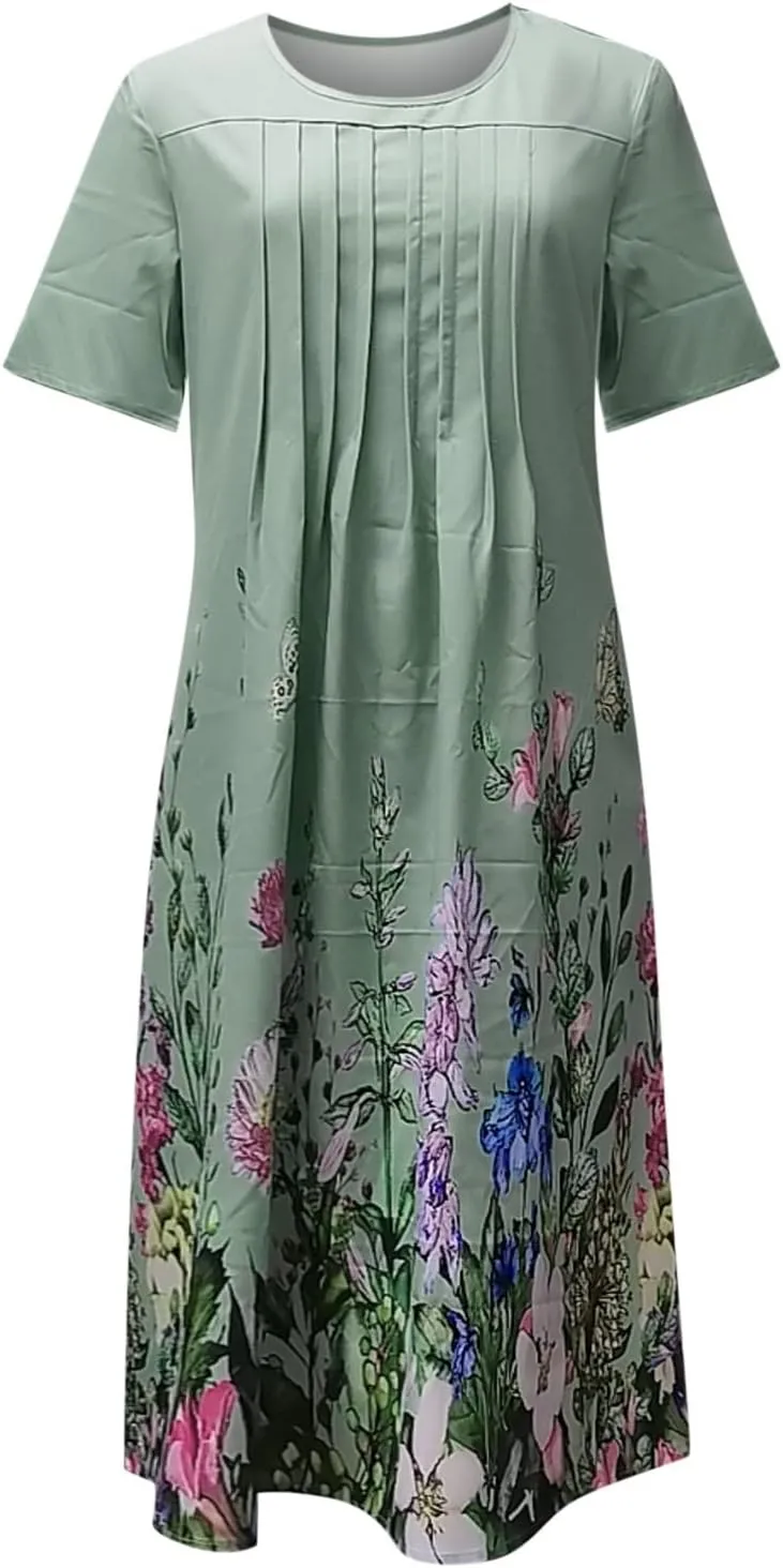 Short Sleeve Dress for Women Floral Midi Dress with Pockets Pleated Knee Length Dress Spring Dresses for Women 2025