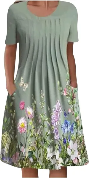 Short Sleeve Dress for Women Floral Midi Dress with Pockets Pleated Knee Length Dress Spring Dresses for Women 2025