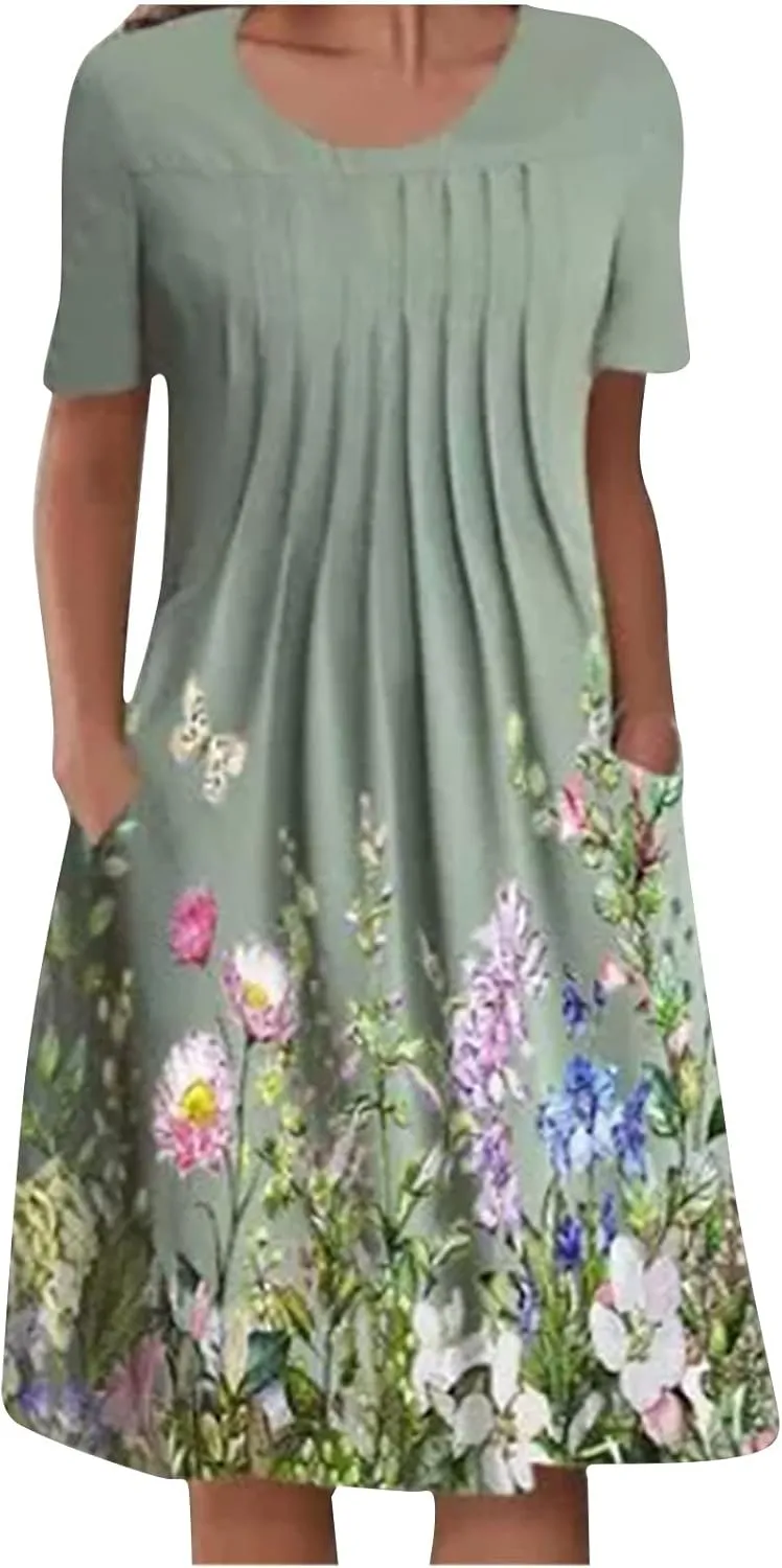 Short Sleeve Dress for Women Floral Midi Dress with Pockets Pleated Knee Length Dress Spring Dresses for Women 2025
