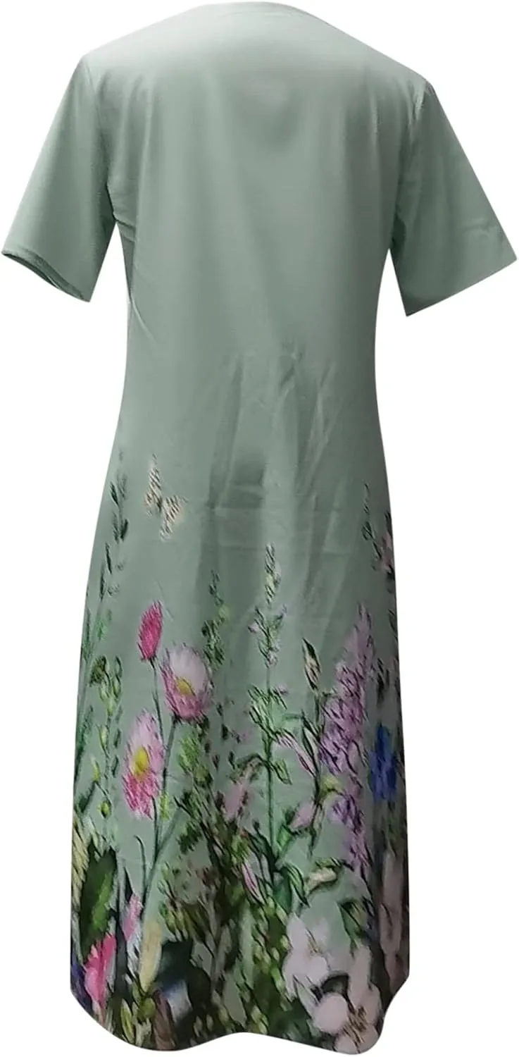 Short Sleeve Dress for Women Floral Midi Dress with Pockets Pleated Knee Length Dress Spring Dresses for Women 2025