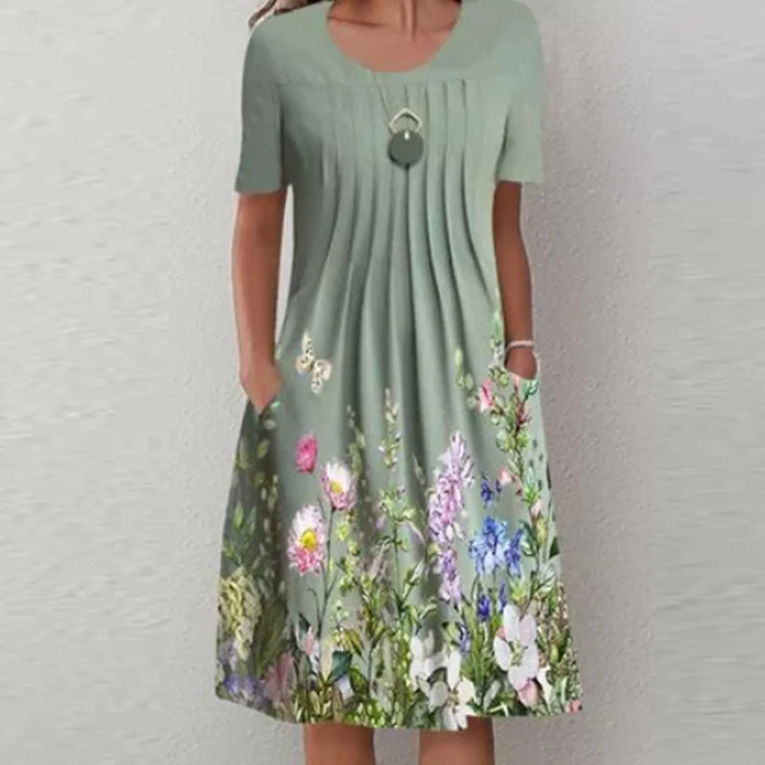 Short Sleeve Dress for Women Floral Midi Dress with Pockets Pleated Knee Length Dress Spring Dresses for Women 2025