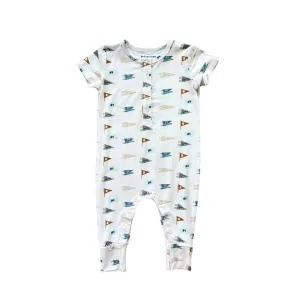 Short Sleeve Henley Romper in Retro Banner