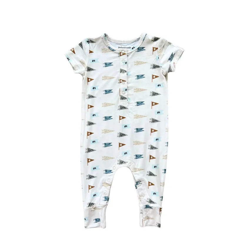 Short Sleeve Henley Romper in Retro Banner