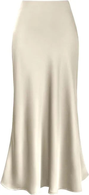 Skirt for Women Dressy Casual Elegant Silky Satin Ruffle Skirt Soft Fashion Slim Fit High Waist Bodycon Long Skirts