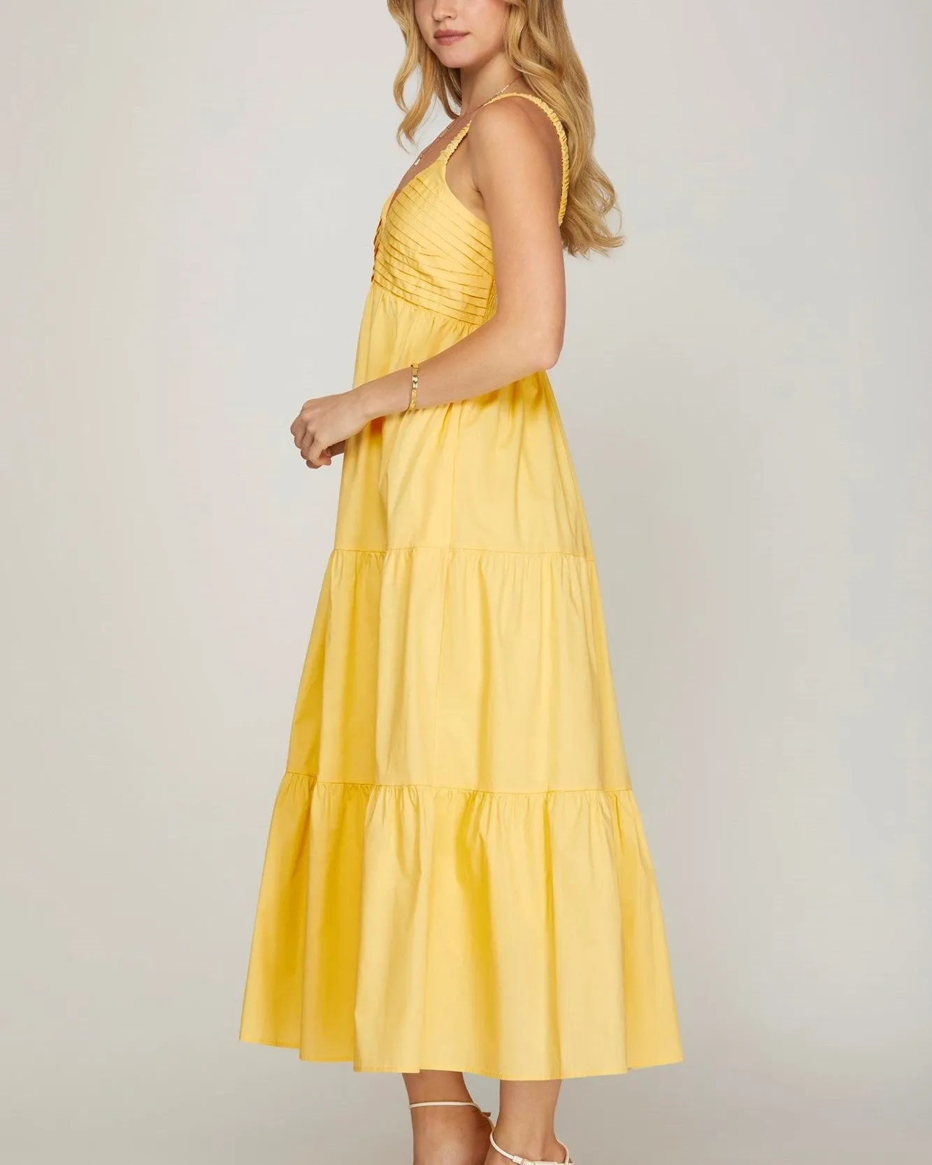 Sleeveless Tiered Maxi Dress with Pintuck Detail - Light Yellow