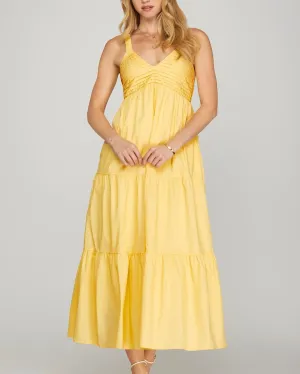 Sleeveless Tiered Maxi Dress with Pintuck Detail - Light Yellow