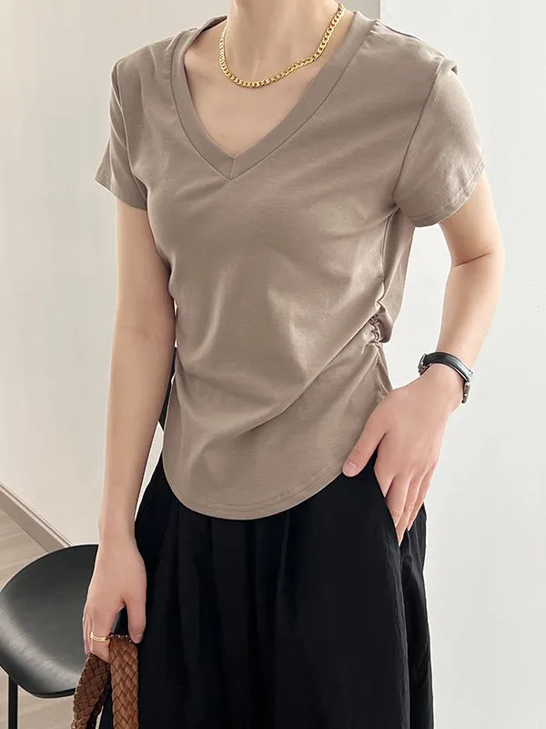 Solid Color Irregular clipping Short Sleeves V-neck T-Shirts Tops