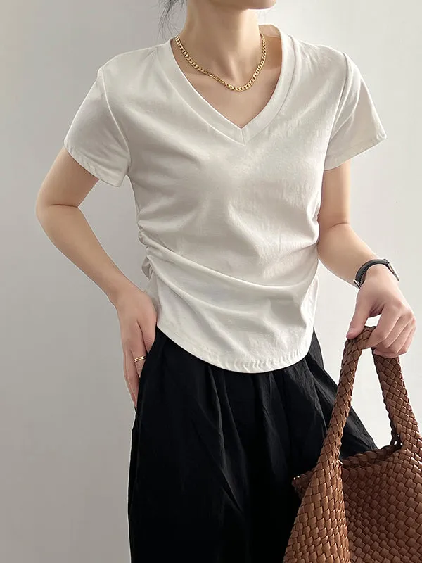 Solid Color Irregular clipping Short Sleeves V-neck T-Shirts Tops