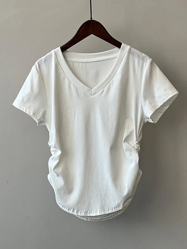 Solid Color Irregular clipping Short Sleeves V-neck T-Shirts Tops