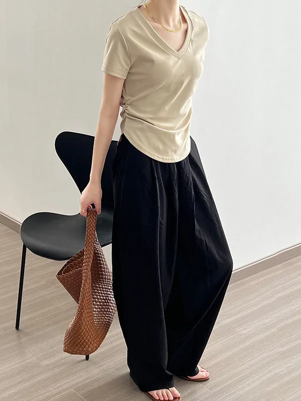 Solid Color Irregular clipping Short Sleeves V-neck T-Shirts Tops