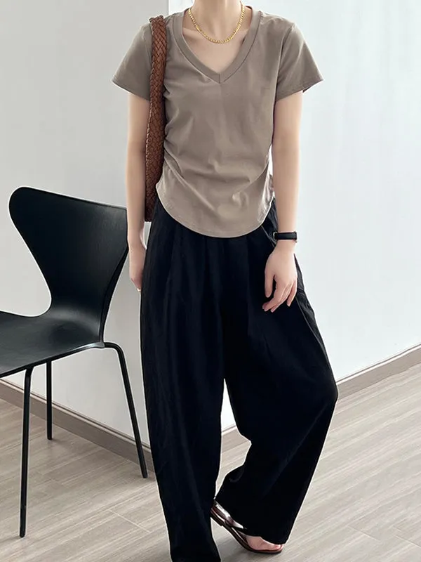 Solid Color Irregular clipping Short Sleeves V-neck T-Shirts Tops