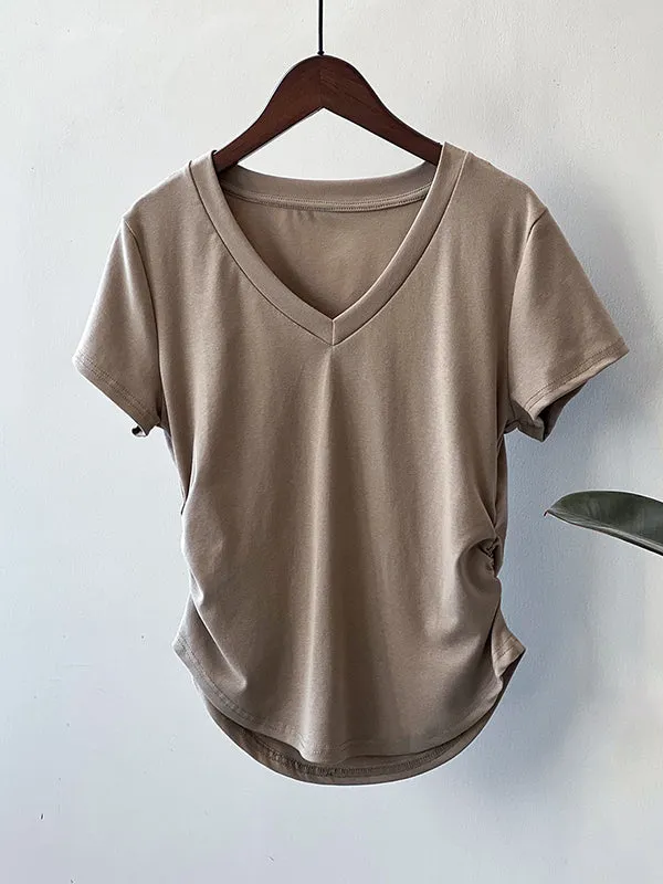 Solid Color Irregular clipping Short Sleeves V-neck T-Shirts Tops