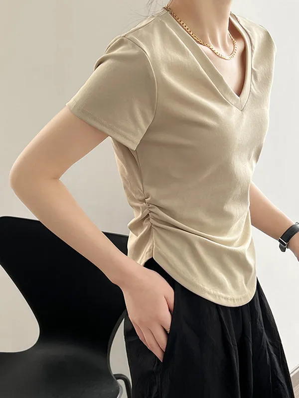 Solid Color Irregular clipping Short Sleeves V-neck T-Shirts Tops