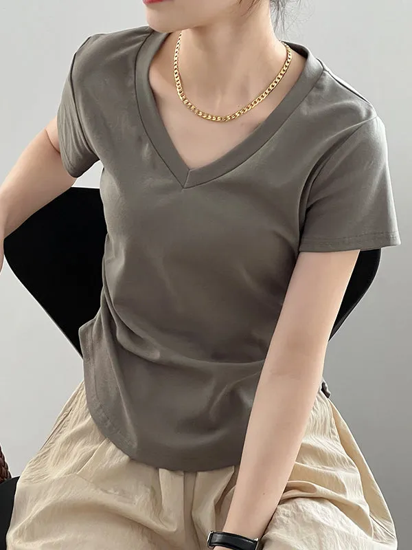 Solid Color Irregular clipping Short Sleeves V-neck T-Shirts Tops