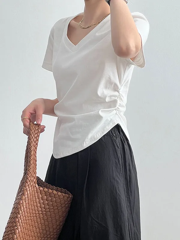 Solid Color Irregular clipping Short Sleeves V-neck T-Shirts Tops