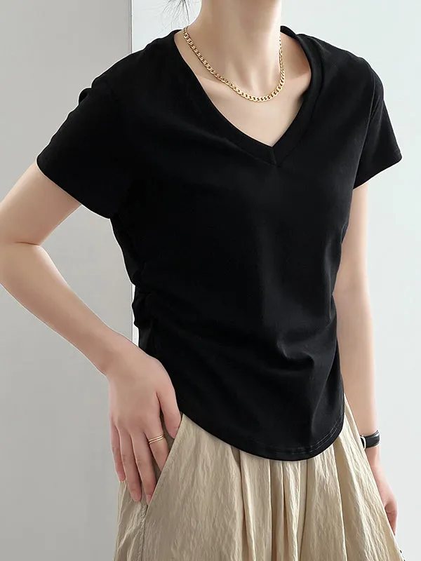 Solid Color Irregular clipping Short Sleeves V-neck T-Shirts Tops
