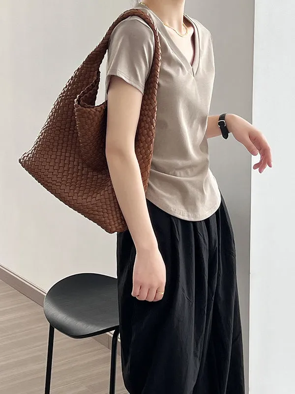 Solid Color Irregular clipping Short Sleeves V-neck T-Shirts Tops