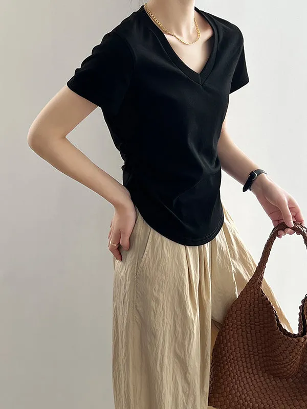 Solid Color Irregular clipping Short Sleeves V-neck T-Shirts Tops