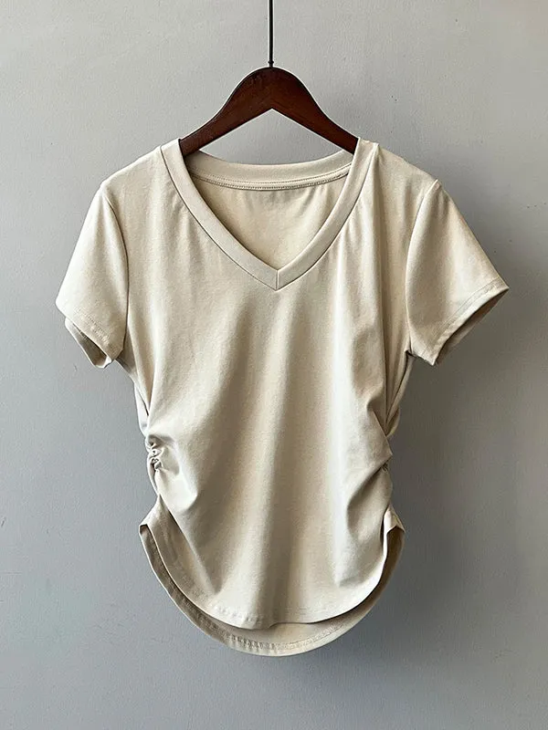 Solid Color Irregular clipping Short Sleeves V-neck T-Shirts Tops