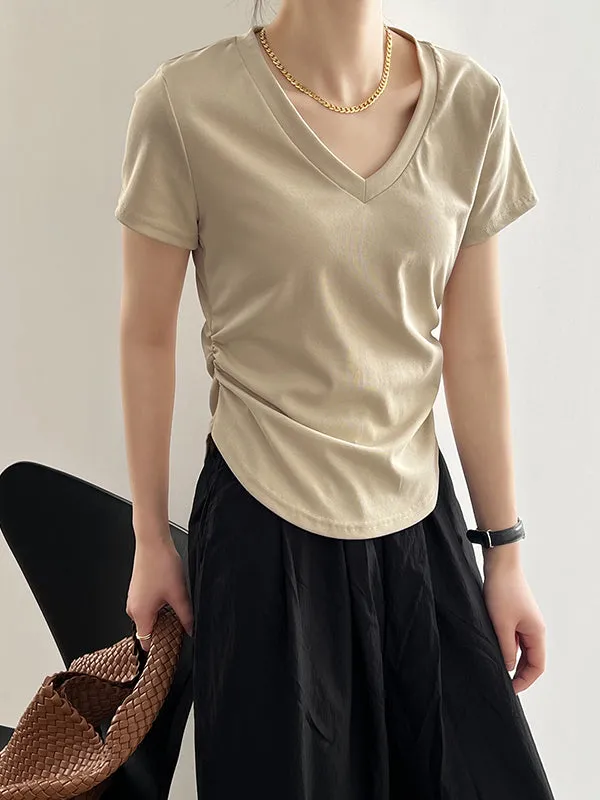 Solid Color Irregular clipping Short Sleeves V-neck T-Shirts Tops
