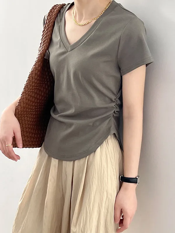 Solid Color Irregular clipping Short Sleeves V-neck T-Shirts Tops