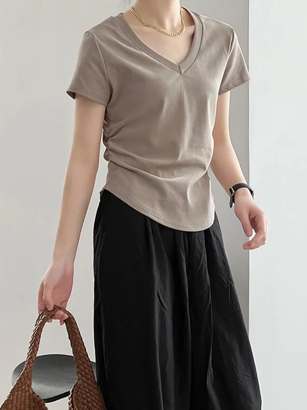 Solid Color Irregular clipping Short Sleeves V-neck T-Shirts Tops
