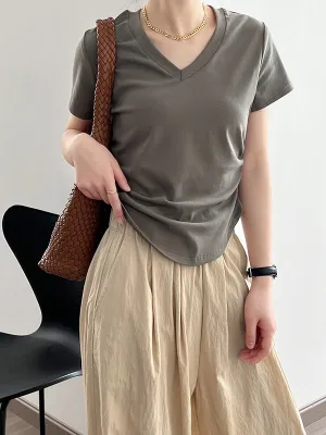 Solid Color Irregular clipping Short Sleeves V-neck T-Shirts Tops
