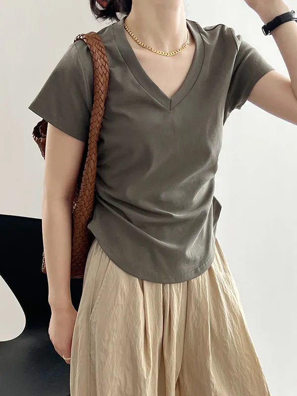 Solid Color Irregular clipping Short Sleeves V-neck T-Shirts Tops