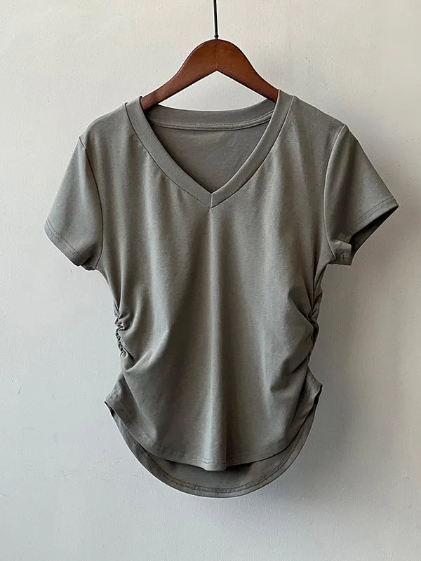 Solid Color Irregular clipping Short Sleeves V-neck T-Shirts Tops